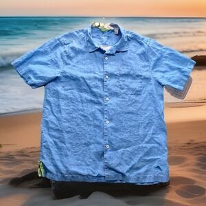 Tommy Bahama Shirt Men Loop Collar Blue Linen Beach Large